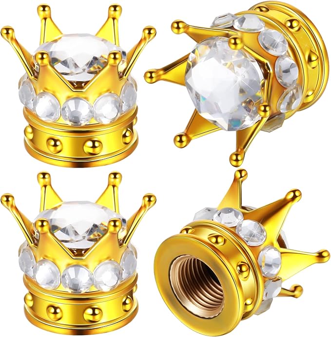 4 Pieces Crown Tire Valve Stem Caps Bling Handmade Crystal Rhinestone Universal Chrome Crown Vehicle Car Tire Caps Covers, Attractive Accessories for Car (Gold and White)