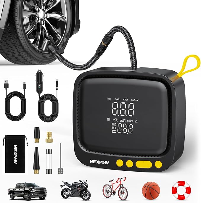Tire Inflator Portable Air Compressor, 180 PSI Cordless Air Pump for Car Tires with Digital Pressure Gauge & Auto Shut-Off, Air Compressor Portable for Car, Motorcycle, Bicycle, Ball, Yellow