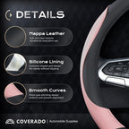 Coverado Car Steering Wheel Cover, Nappa Leather Black & Pink Steering Wheel Covers for Women, Universal 14-15 inch, Anti-Slip, Breathable Steering Wheel Protector