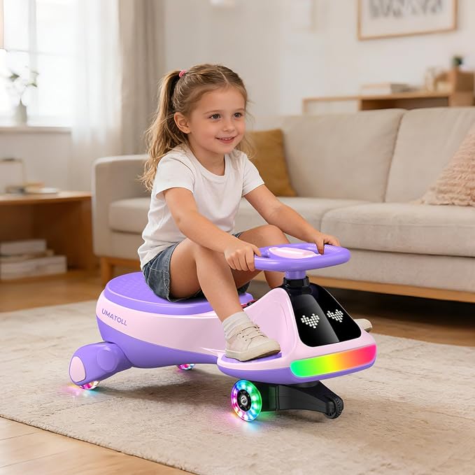 12V Electric Wiggle Car for Kids with Pedal, Display, Rechargeable Battery, LED Light, Bluetooth, Light-Up Wheels, Anti-Rollover, 2 Speeds, Ride on Toys, Birthday Gifts for Age 3+, 150Lbs