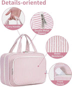 Striped Travel Toiletry Bag for Women Large Hanging Makeup Bag Organizer Toiletries Bag for Full Size Essentials Accessories Cosmetics (Dusty Pink Stripe (Large))