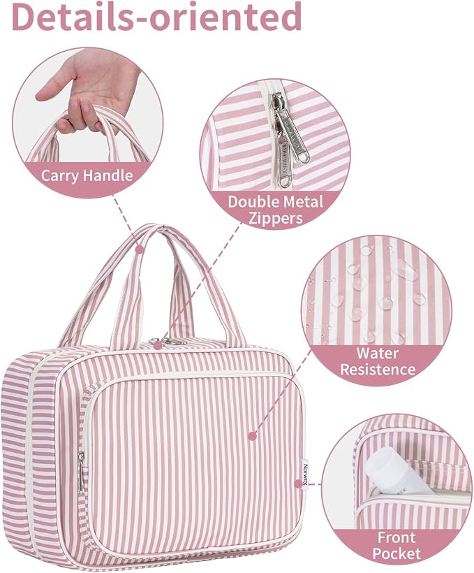 Striped Travel Toiletry Bag for Women Large Hanging Makeup Bag Organizer Toiletries Bag for Full Size Essentials Accessories Cosmetics (Dusty Pink Stripe (Large))