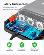 7-in-1 Cigarette Lighter Splitter, 120W Car Charger Adapter with 3 Sockets & Independent Switches, 4 USB Ports (USB-A/USB-C), LED Voltage Display, UL Certified, Built-in Fuse + Spare Fuse