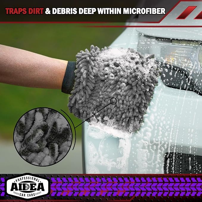 AIDEA Car Wash Mitt Microfiber, 2PK, Car Wash Brush, Grey, 7.12' X10.14'' | Scratch Free Lint Free Premium Chenille Microfiber Mitt, Cleaning Supplies, Regular Size