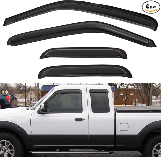 4pcs in Channel Smoke Tint Sun Rain Guard Front Rear Out Mount Tape-On Vent Window Visors Compatible with 99-11 Ranger 99-10 B2300/B2500/B3000/B4000 Super/Extended Cab with Half Size Rear Doors