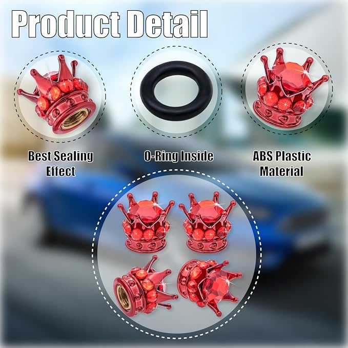 4PCS Crown Bling Tire Stem Valve Caps, Crystal Diamond Car Wheel Tire Valve Caps Universal Copper Core Stem Covers for Cars, SUV, Trucks, Bikes, Motorcycles, Bicycles (Red)