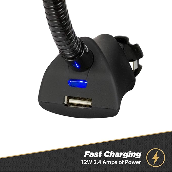 Universal 12V Car Phone Mount with USB Charger, Phone Holder with Cigarette Lighter Adapter for 12V Socket Plug-In, Flexible Gooseneck, Adjustable Cradle for iPhone & Android Cell Phones