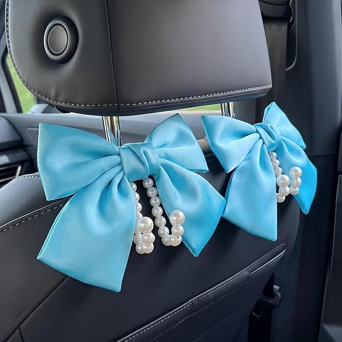 2 PCS Bow Pearl Car Seat Headrest Hook – Cute Purse Hook for Car, Girly Interior Decoration Accessories Hook Hanger, Seatback Holder for Purses & Bags, Elegant Car Organizer (Sky Blue)