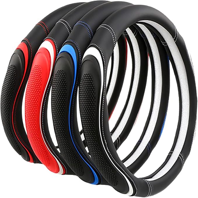Leather Splicing Black Red Car Steering Wheel Cover,14.5-15 Inch Universal Microfiber Leather Covers Breathable Anti-Slip Odorless Steering Wheels Accessories for Men Women