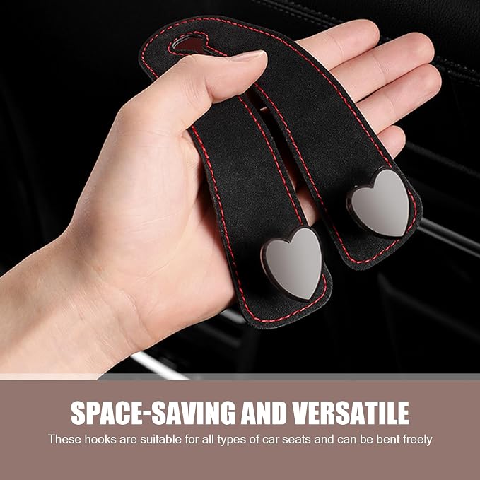 2 PCS Car Seat Headrest Hook, Car Hooks for Headrest, Storage Double Heart Shape Hooks, Suede Foldable Soft Hook Organizer, Universal for Cars (Black)