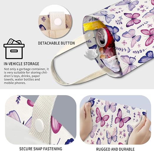 Cute Car Trash Can, Hanging Canvas Car Back Seat Organizer and Storage Bag, Funny Car Trash Bag for Travelling, Outdoor Cute Purple Butterfly