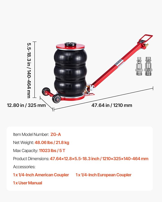 Air Jack, 5 Ton/11023 lbs Triple Bag Air Jack, Airbag with Six Steel Pipes, Lift Up to 18.3 inch/464 mm, 4-10 s Fast Lifting Pneumatic with Adjustable Long Handle for Cars, SUVs, Pickup Trucks