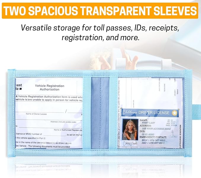 Car Registration and Insurance Holder, Sun Visor Organizer | Durable 300D 5.5"X5.3" Document Holder with Secure Elastic Strap, Fits Auto Insurance Papers, Cards, License & Receipts