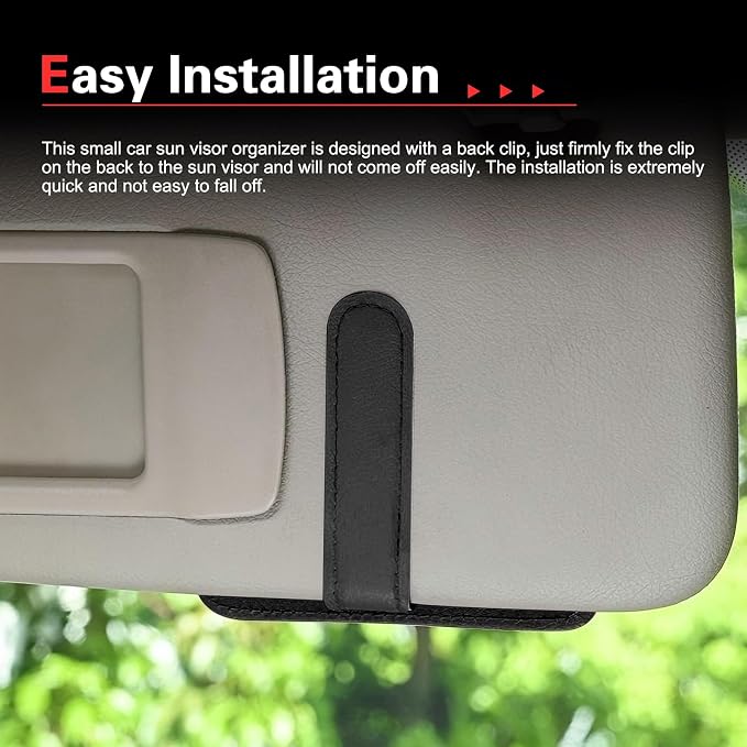Car Sun Visor Organizer, Premium Leather Sun Visor Sunglass Holder with Card Holders & Pen Clip Slot, Universal Car Interior Organizer for Driving License, Card, Pen (Black)