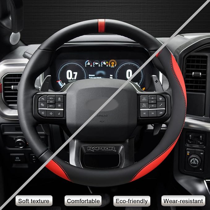 Customized Auto Car Steering Wheel Cover for Ford F-150, F-250, F-350, Expedition (Black+Red)