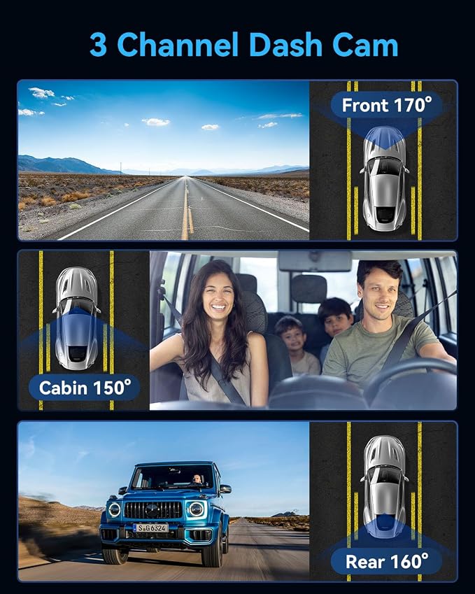 Dash Cam Front and Rear Inside, 3 Channel 4K+1080P Dash Camera for Cars, Free 32GB Card Included, App Control, 2” IPS Screen, G-Sensor, Loop Recording, Night Vision, 170°Wide Angle, Parking Monitor