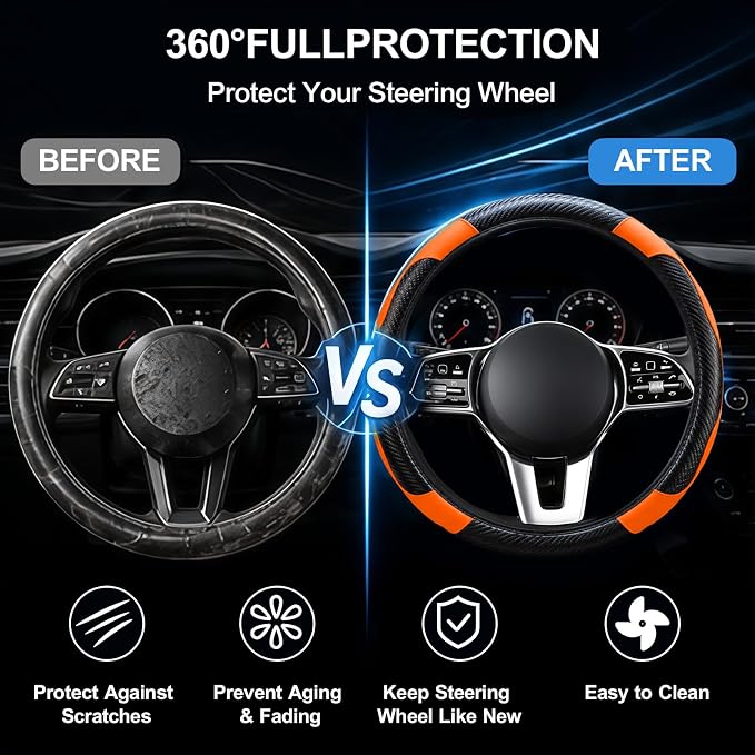 Car Steering Wheel Cover, 15 inch Carbon Fiber Microfiber Anti-Slip Breathable PU Leather Elastic Steering Wheel Protector, Car Interior Accessories for Most Cars (Orange)