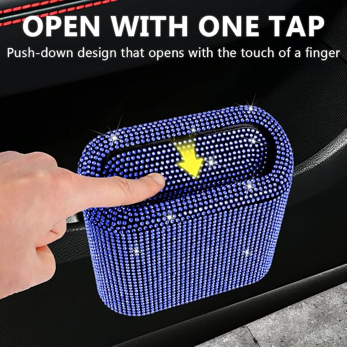 Car Trash Can with Lid, Mini Vehicle Trash Bin Car Dustbin Garbage Organizer,Bling Crystal Automotive Garbage Can Bin Trash Container for Auto Cars, Home, Office,Deep Blue