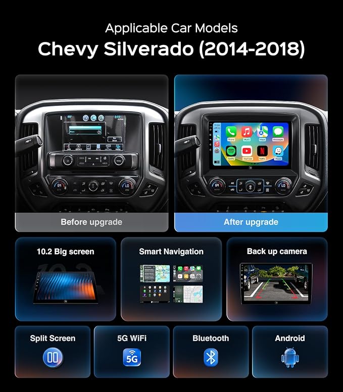 10" 64G Car Stereo for GMC Sierra Chevy Silverado 2014 2015 2016 2017 2018 Upgrade, Touchscreen Radio Head Unit Carplay/Android Auto/GPS/Bluetooth/AM/FM Radio/HD Backup Cam/SWC/Support Bose-System
