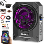 Car Underseat Subwoofer Amp – 10" 1200W RGB, fits SUV/Truck,Skull | Powered sub and amp package with adjustable gain, bass boost & low pass, plus beat-synced RGB lighting for under-seat install