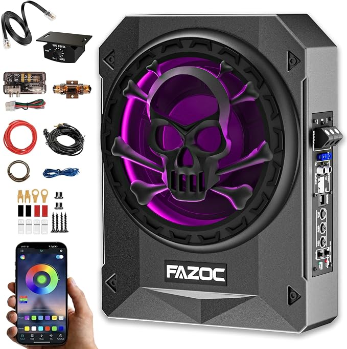 Car Underseat Subwoofer Amp – 10" 1200W RGB, fits SUV/Truck,Skull | Powered sub and amp package with adjustable gain, bass boost & low pass, plus beat-synced RGB lighting for under-seat install