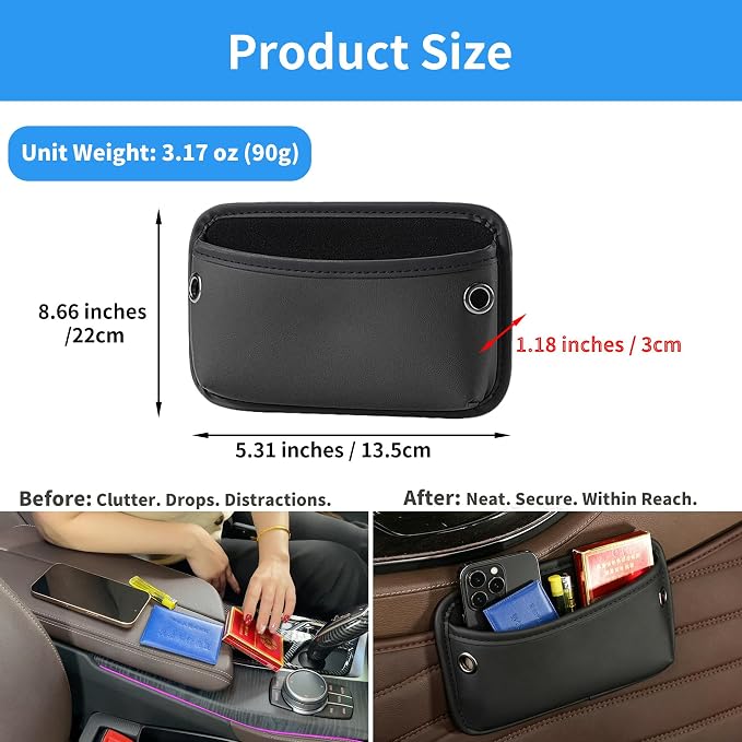 Car Seat Side Pocket Organizer, Nappa Leather Car Trunk Pouch Organizers and Storage, Small Car Side Seat Storage Bag for Auto Front Seat Back Seat Door Console Phone Sunglasses Cards Pen (Black-1PC)