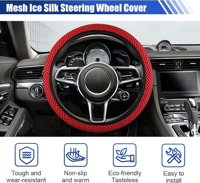 Elastic Stretch Steering Wheel Cover, 15" Breathable Microfiber Ice Silk Steering Wheel Protector, Universal Anti-Slip Car Warm in Winter&Cool in Summer Accessories for Men Women (Red)