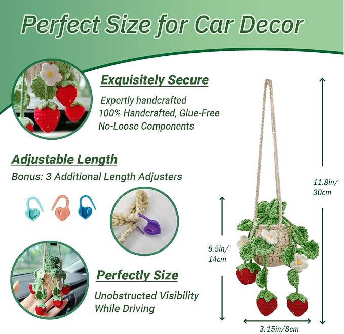 Crochet Hanging Plant for Car,Car Decorations Interior,Plant Strawberry Aesthetic Car Accessories for Women Interior Cute,Car Ornaments Charms for Rear View Mirror,Boho Car Decoration Gifts