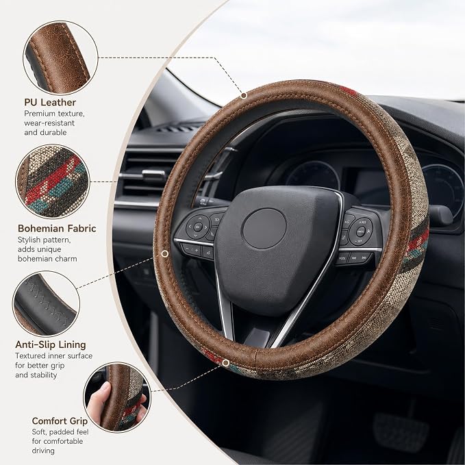 Universal 15inch Ethnic Style Baja Blanket Steering Wheel Cover with Coarse Flax Cloth and Sweat Absorption Anti Slip Car Wrap (Boho Brown leather2)