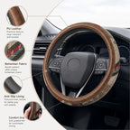 Universal 15inch Ethnic Style Baja Blanket Steering Wheel Cover with Coarse Flax Cloth and Sweat Absorption Anti Slip Car Wrap (Boho Brown leather2)