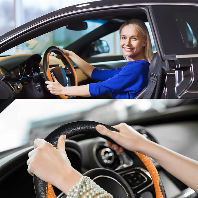 Steering Wheel Cover, Anti Slip Breathable Comfort PU Imitation Leather Cute Car Accessories for Women Girl, Universal Protector in All Season 15 inch Fit Most Car(Orange)