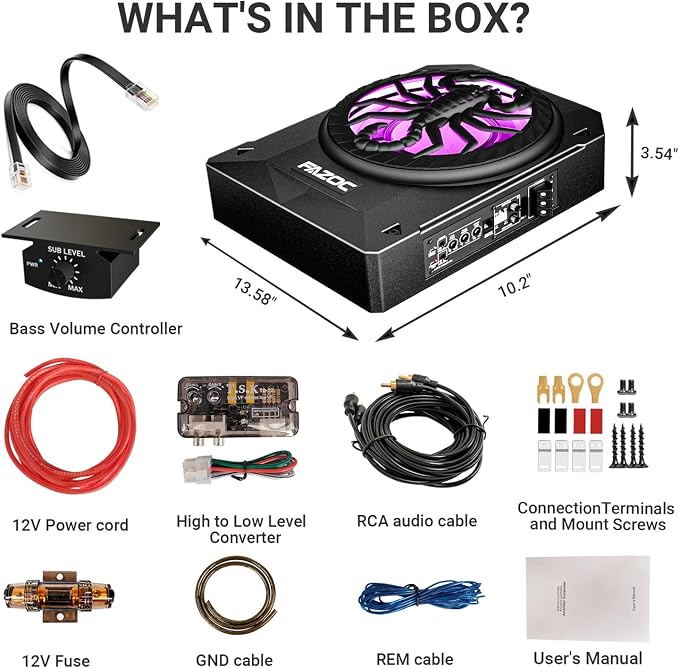 Car Underseat Subwoofer Amp – 10" 1200W RGB, fits SUV/Truck,Scorpion | Powered sub and amp package with adjustable gain, bass boost & low pass, plus beat-synced RGB lighting for under-seat install