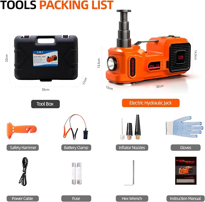 Car Jack Electric Hydraulic Jack 5Ton 155-450mm 3in1 Lift Inflator LED Light 12V Portable Outdoor Home Emergency Tire Change Roadside Rescue Tool