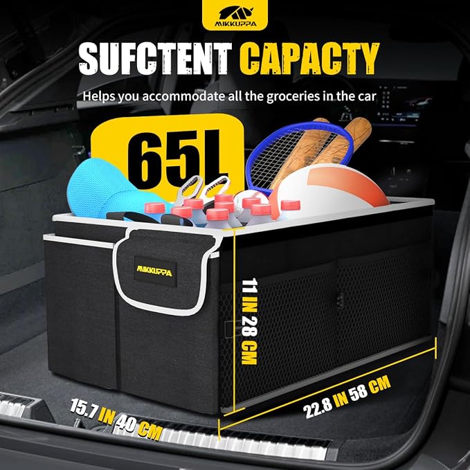 Car Trunk Organizer - 65L Collapsible Trunk Organizer with Lid, Sturdy Car Storage for SUV Auto Truck Van with Adjustable Straps and Non Slip Bottom