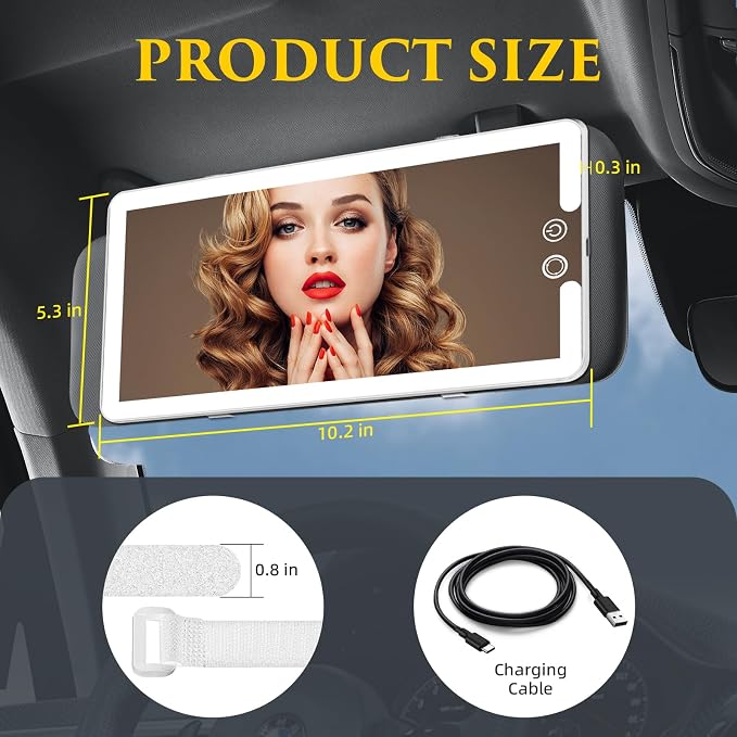 Car Sun Visor Vanity Mirror with Lights, Rechargeable LED Car Visor Makeup Mirror with 3 Color Dimmable Lights - Universal Accessories for Cars, SUVs, Trucks (White)