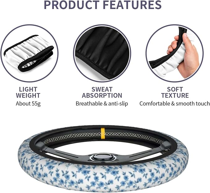 Cute Floral Steering Wheel Cover 15 in + 2pc Blue Flowers Car Coasters | Anti-Slip Breathable Universal for Car Suitable for Men Women Florals