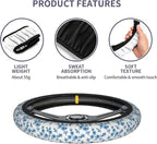 Cute Floral Steering Wheel Cover 15 in + 2pc Blue Flowers Car Coasters | Anti-Slip Breathable Universal for Car Suitable for Men Women Florals