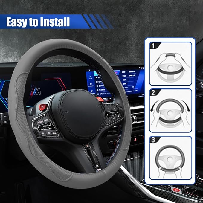 15 Inch Leather Car Steering Wheel Cover for SUV, Truck, Gray | Anti-Slip Breathable Automotive Steering Wheel Protector, Universal Heat Resistant Vehicle Interior Accessories