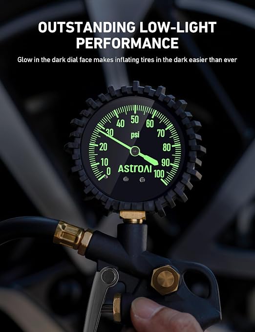 Tire Pressure Gauge with Inflator, 100 PSI-ANSI B40.1 Accurate, Large 2.5" Easy Read Glow Dial, Heavy Duty Air Chuck and Compressor Accessories with Rubber Hose and Quick Connect Coupler