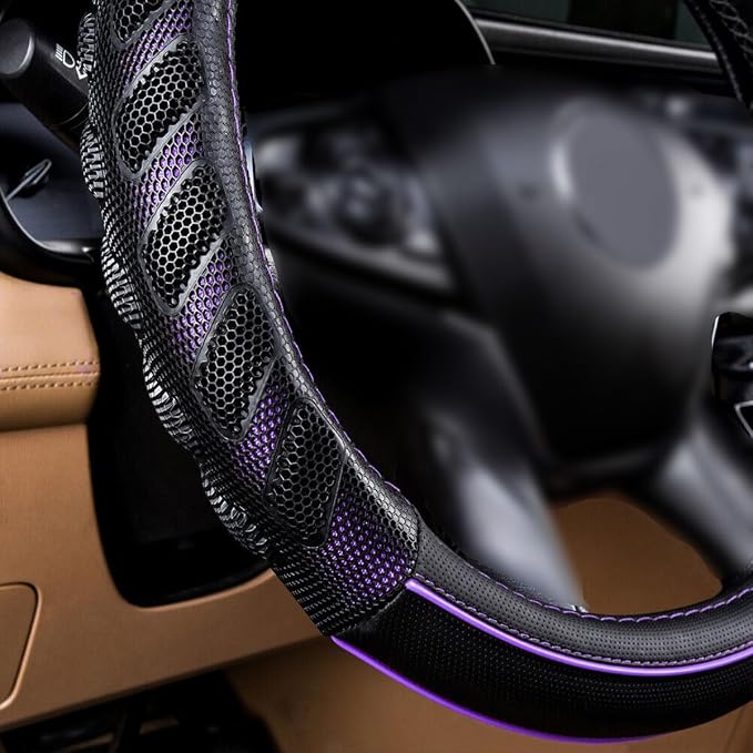 car Steering Wheel Cover Faux Leather Massage Universal fit 3D Honeycomb Hole Anti-Slip Sporty 15 Inches (Purple Black)