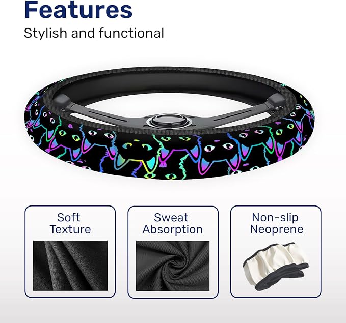 Neon Cat Steering Wheel Cover, Non Slip Polyester Car Wheel Protector for Car SUV Truck, Universal 15 Inch