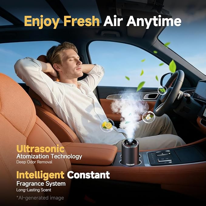 Smart Car Air Freshener with Star Light & 150ml Diffusers Oil Refills, Auto On/Off Aroma Diffuser, 3 Adjustable Modes Rechargeable - Car Diffuser（Cologne+New Car Smell+Mahogany Teakwood）