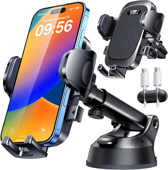 [True Upgrade for Safety] YRU Car Phone Holder Mount [Patent & Military-Grade] Dashboard Cell Phone Holder for Car Vent Windshield Phone Stand for iPhone17 16 15 14 13Pro Max Truck Samsung, Dark Black