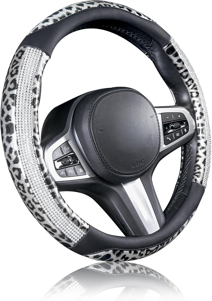 Leopard Steering Wheel Cover - Bling Crystal Rhinestones Cheetah Print on Leather Non-Slip Breathable Design for Women/Girls Universal Fit 14.5-15 Inch(Black & Silver)