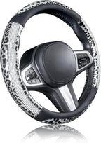 Leopard Steering Wheel Cover - Bling Crystal Rhinestones Cheetah Print on Leather Non-Slip Breathable Design for Women/Girls Universal Fit 14.5-15 Inch(Black & Silver)