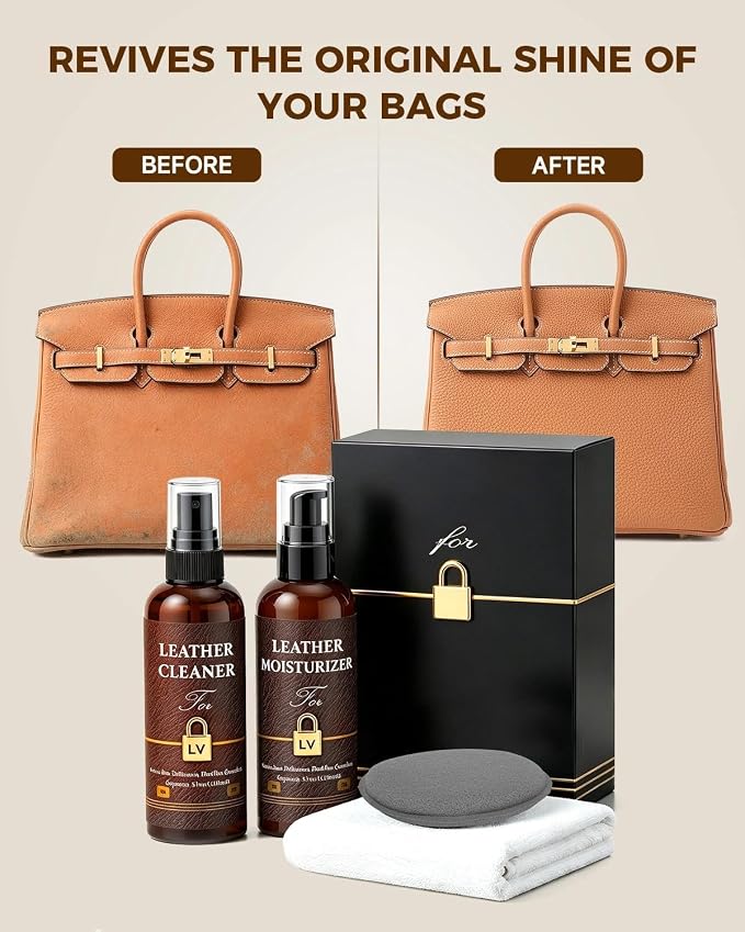 Leather Cleaner & Moisturizer Set for Louis Vuitton, Cleaning and Maintenance Kit for LV, Deep Nourishing & Stain Removal, Gentle Care, Suitable for LV Handbags, Wallets and Other Luxury Brands