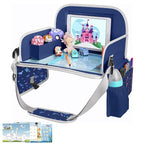 Kids Travel Tray for Toddler Car Seat, Road Trip Essential Lap Tray | Toddler Gift for Boy Activities with Dry Erase Board, iPad Holder Stand, Cooler Cup Holder & Adjustable Strap, Dark Blue
