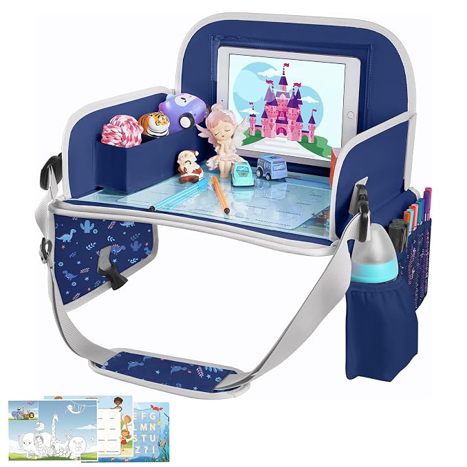 Kids Travel Tray for Toddler Car Seat, Road Trip Essential Lap Tray | Toddler Gift for Boy Activities with Dry Erase Board, iPad Holder Stand, Cooler Cup Holder & Adjustable Strap, Dark Blue