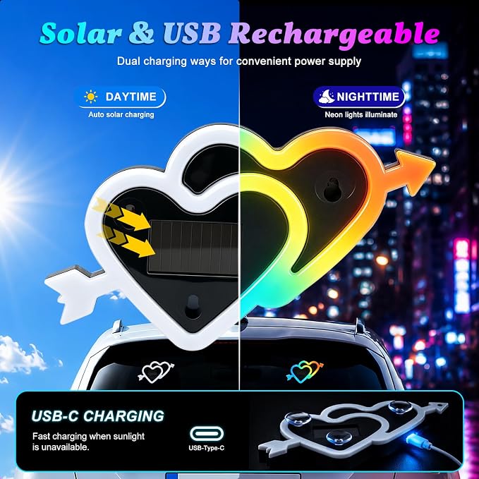 Solar Heart Car Window Light LED Heart-Shaped Ambient Lights 8 Modes 1PC | USB + Solar Assist Power, Color Changing 8 Modes Cupid's Heart-shaped Lights, Rainbow Window Decorative Suction Cup Install