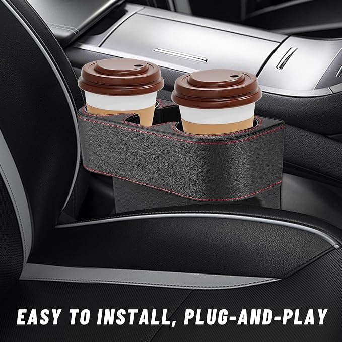 Car Seat Gap Filler Organizer, PU Leather Auto Front Seat Organizer Console Side Filler w/Cup Holder, Multifunctional Bottle Phone Holder Crevice Fillers for Most Car (Black)